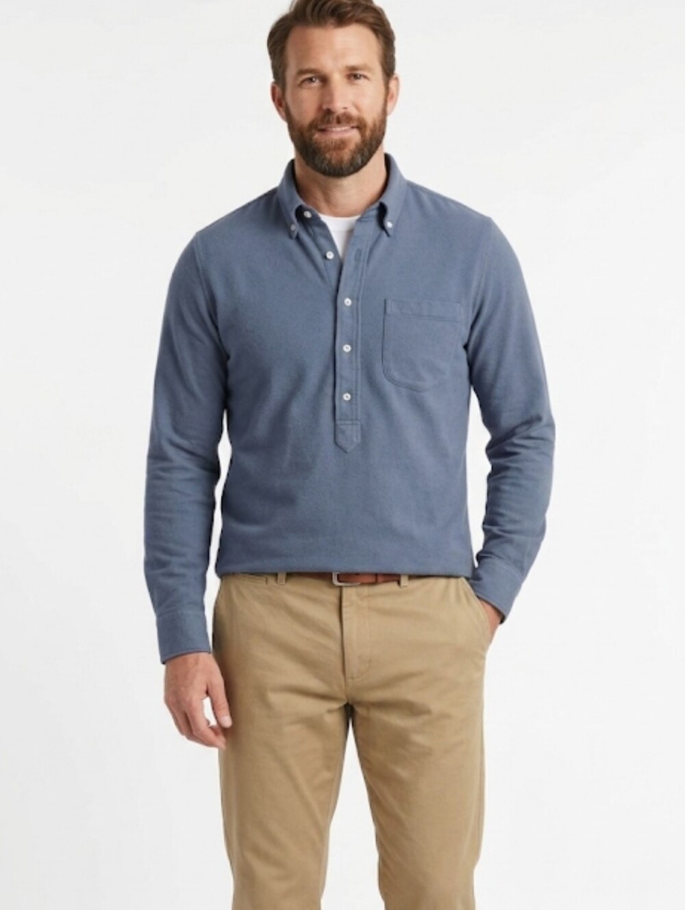 Sid Mashburn Knit Button-Down Popover Shirt Steel Blue Pima Pique M